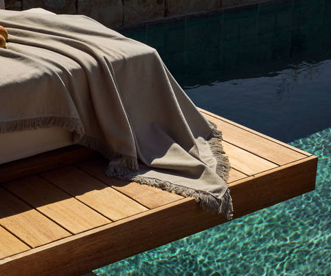 Zelia Resort Halkidiki Signature Suite Private Pool sunbeds on a wooden dock above the pool